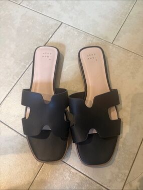 Black Slide Sandals with Cutout Strap